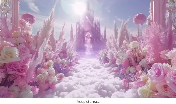 Pink fantasy wedding aisle with flowers and clouds