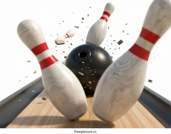A bowling ball crashing into and knocking down multiple pins