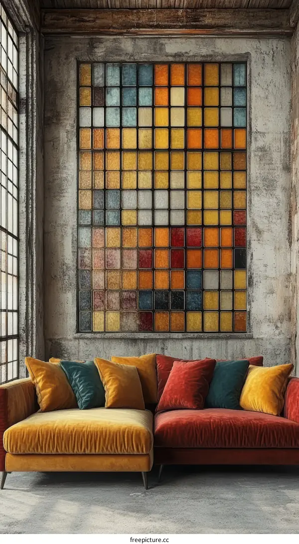 Modern Industrial Living Room with Colorful Stained Glass
