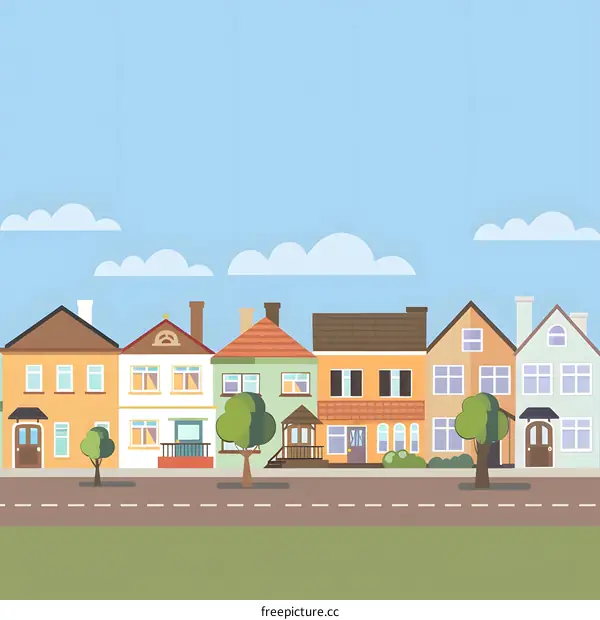 Illustration of a Row of Colorful Houses with Green Trees in Front