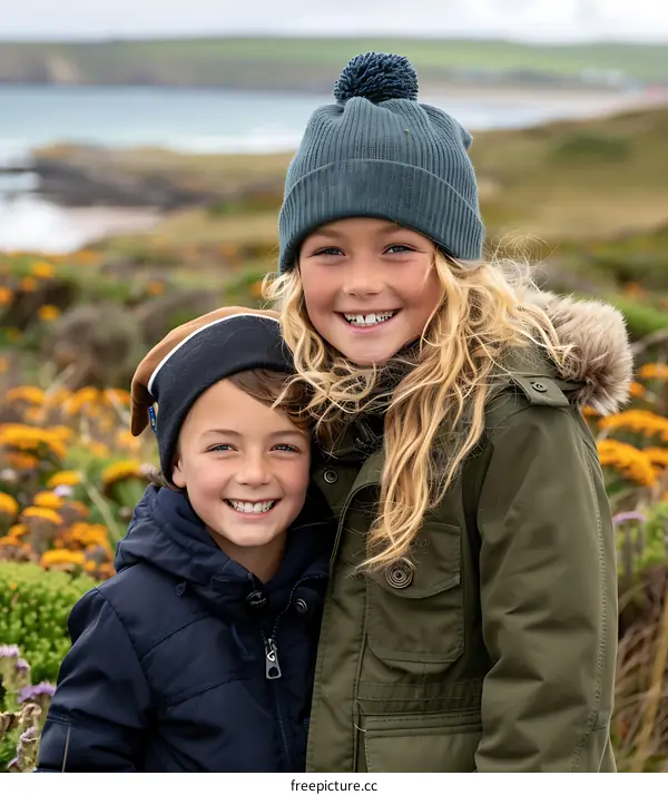 Two Happy Children Wearing Winter Clothing and Smiling At The Camera