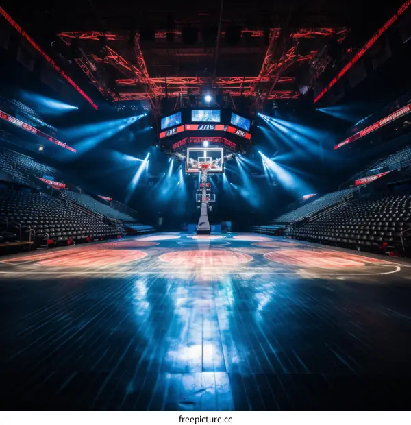 An empty basketball court with bright lights