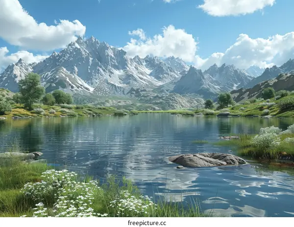 Mesmerizing Mountain Lake with Pristine White Flowers