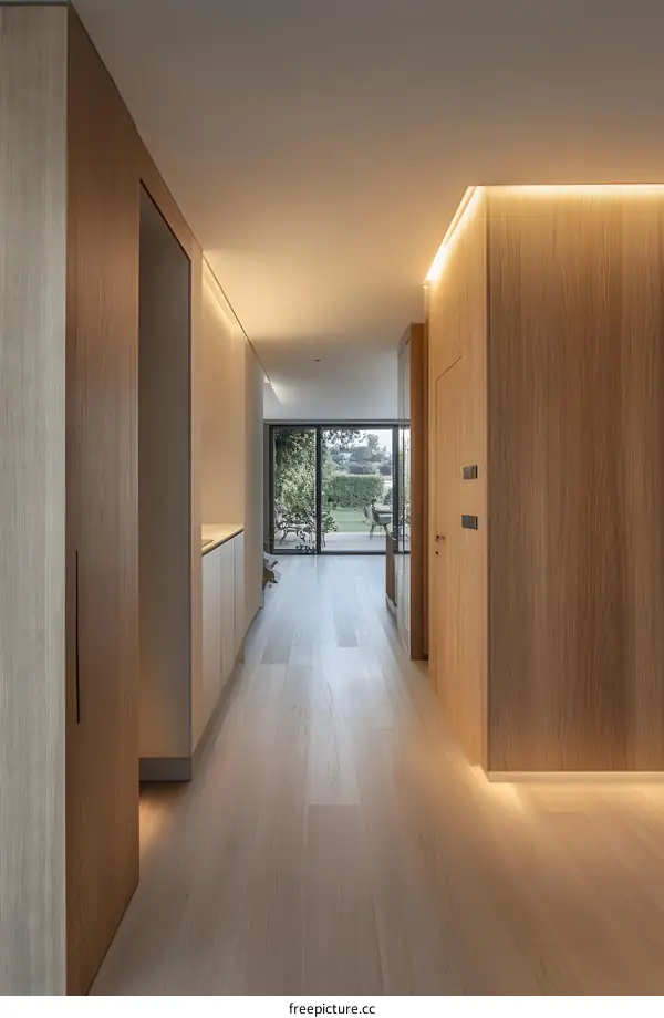 Modern Interior Design Hallway With Wooden Floor and Light