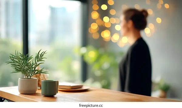 Woman by Window with Plants and Coffee
