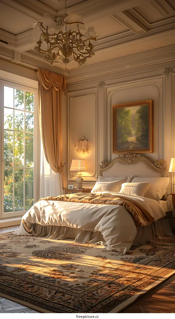 A bedroom with a white bed and pillows, a nightstand with a lamp, and a painting