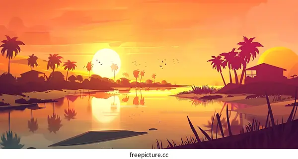 Sunset Over Tropical Beach With Palm Trees and Lake