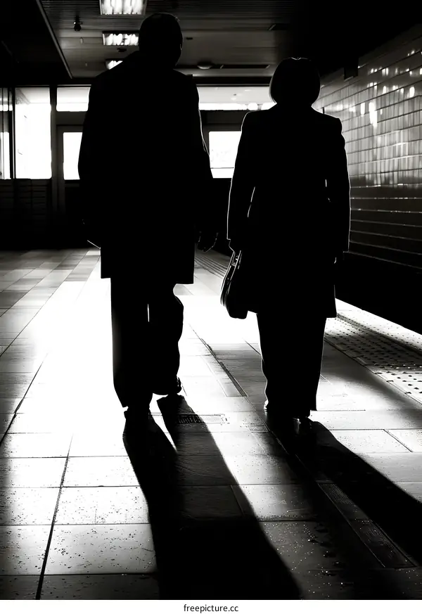 Silhouettes of Two People Walking in Tunnel