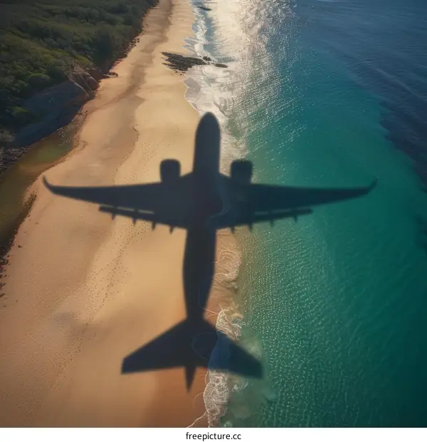 Airplane Shadow on Sandy Beach with Ocean View