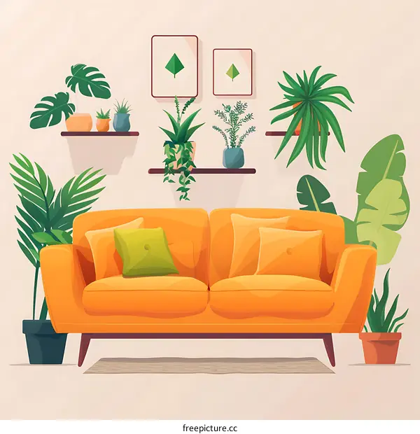 Modern Yellow Sofa with Plants in Living Room