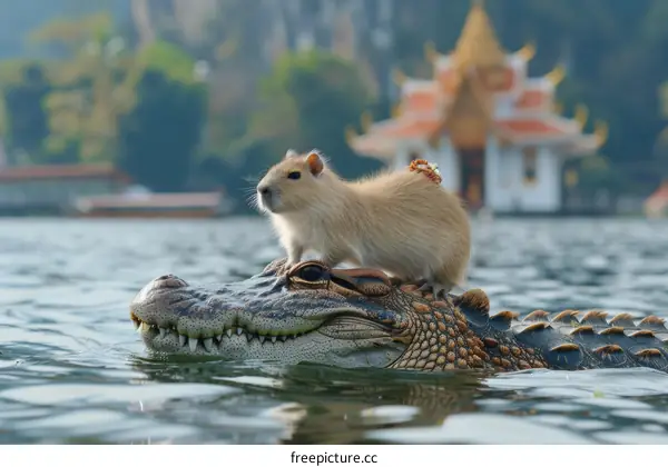capybara riding on a crocodile in a river with a temple in the background