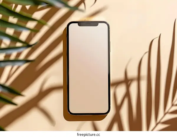 Blank Smartphone Screen on Beige Background with Palm Leaf Shadow