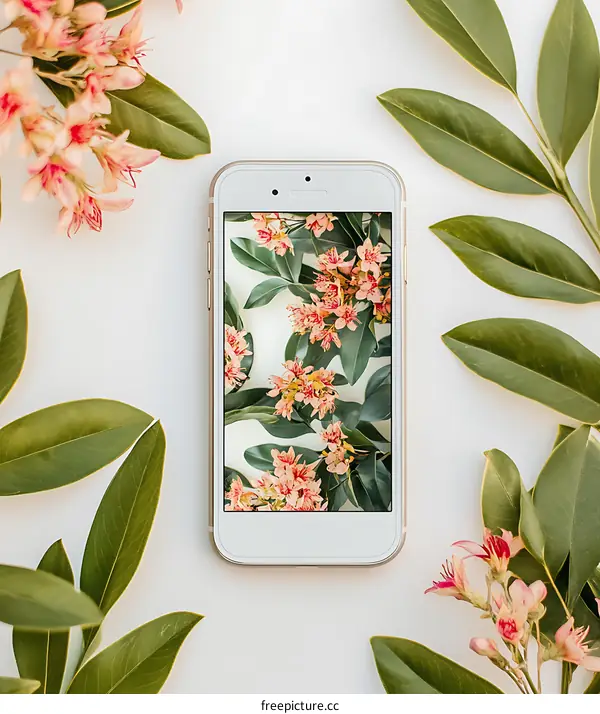 White Smartphone with Green Leaves and Pink Flowers