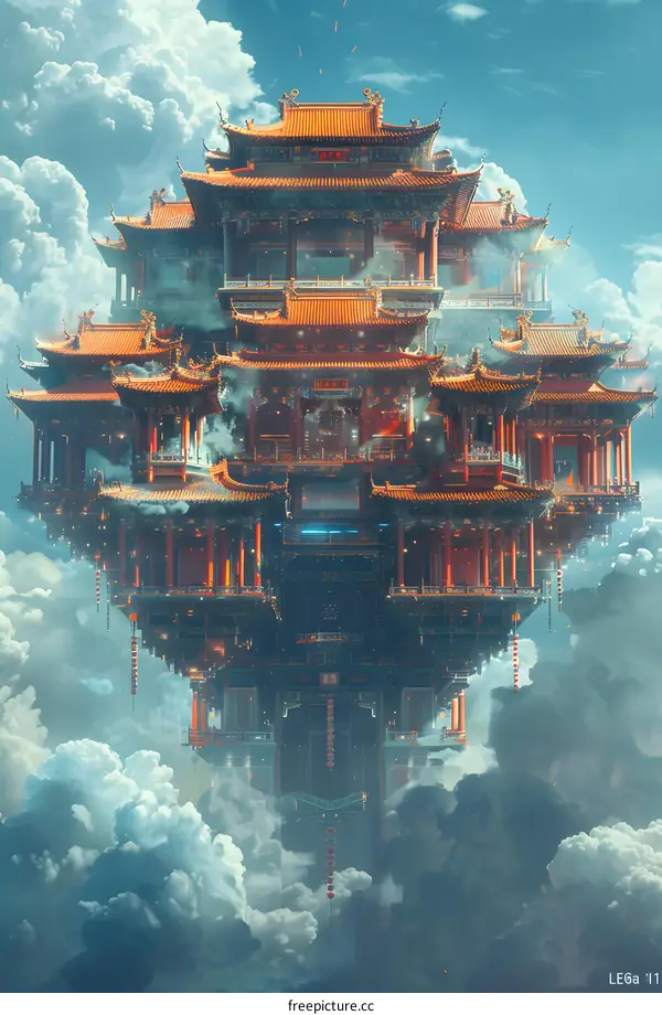 futuristic oriental building floating in the sky