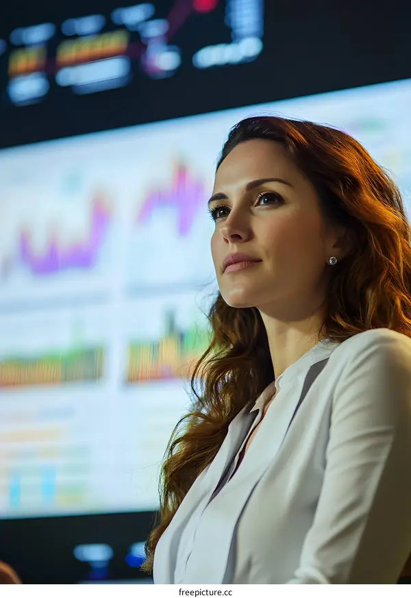 Businesswoman Looking at Data Charts on Screen