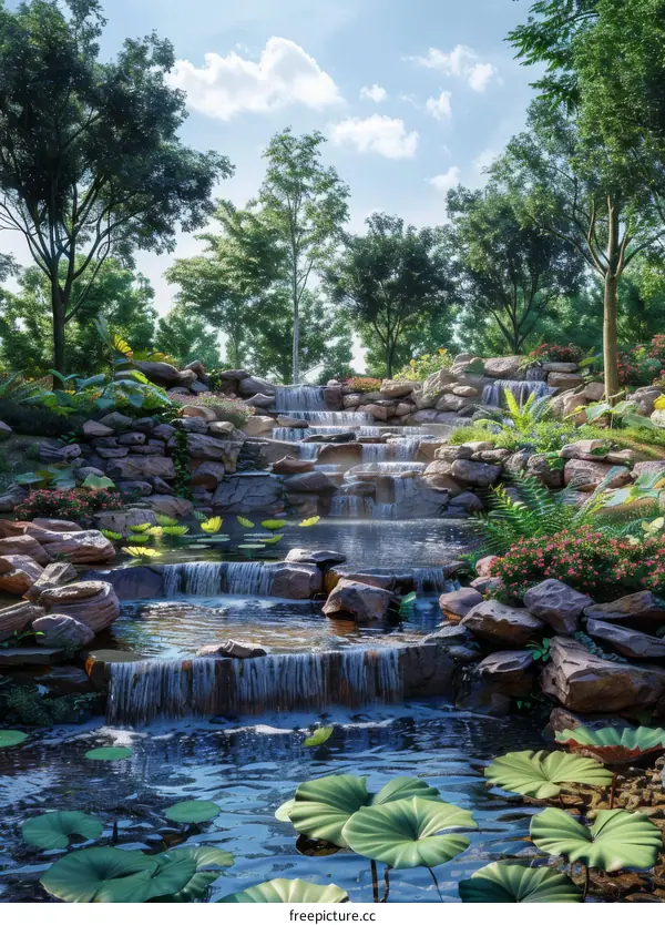 Mesmerizing Forest Waterfall with Lush Greenery and Azure Sky