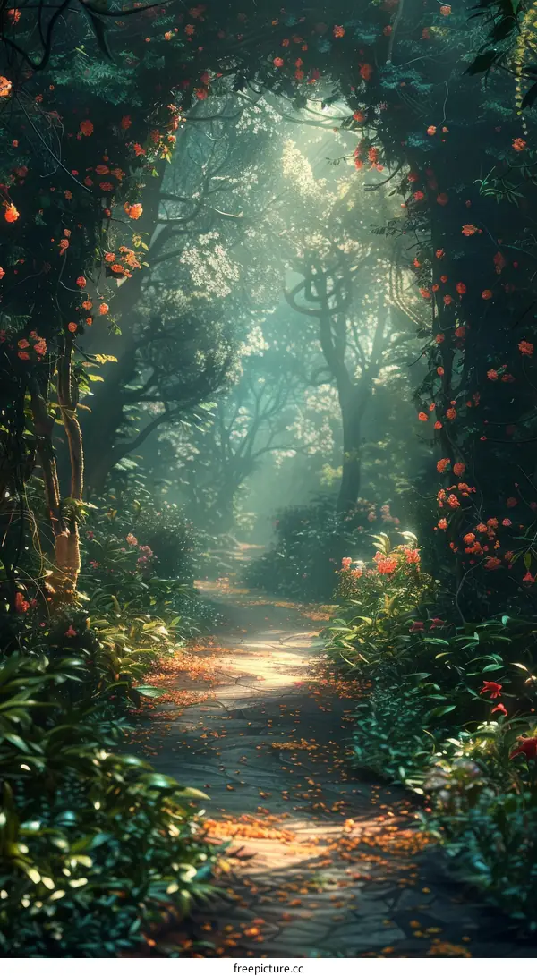 Mesmerizing Forest Trail Adorned with Ethereal Blooms