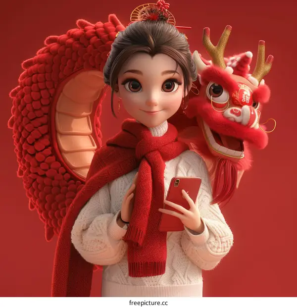 A girl holding a red phone with a Chinese dragon beside her