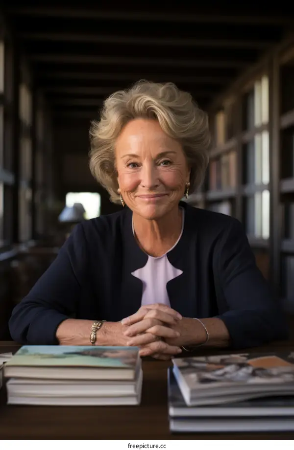 Portrait of a smiling woman with short blonde hair wearing a blue suit