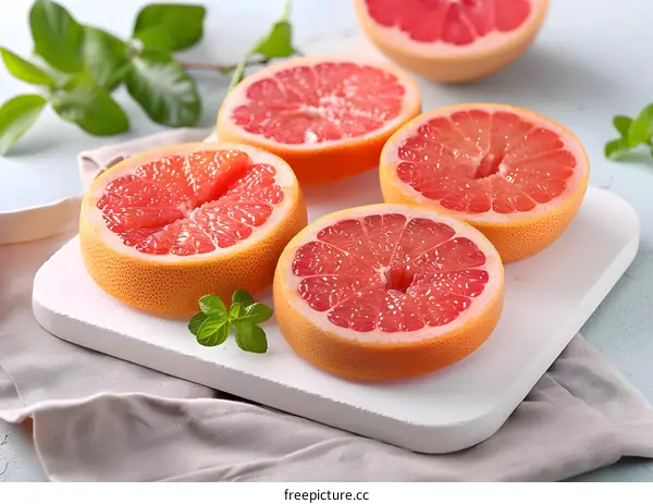 Freshly Cut Red Grapefruit Halves on a White Cutting Board