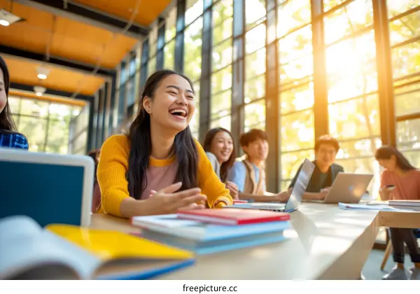 Happy Asian college students studying and laughing together in the library