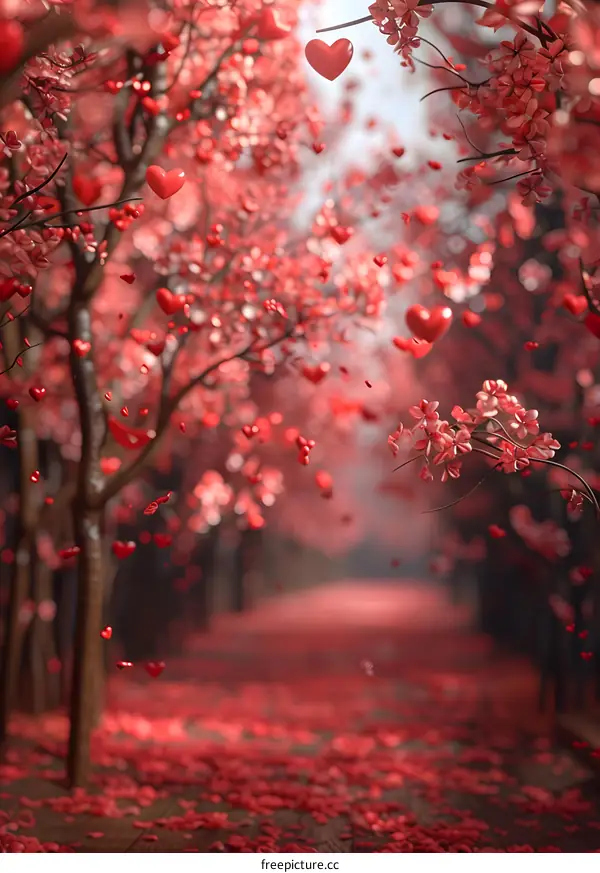 Pink hearts falling under the cherry blossom tree