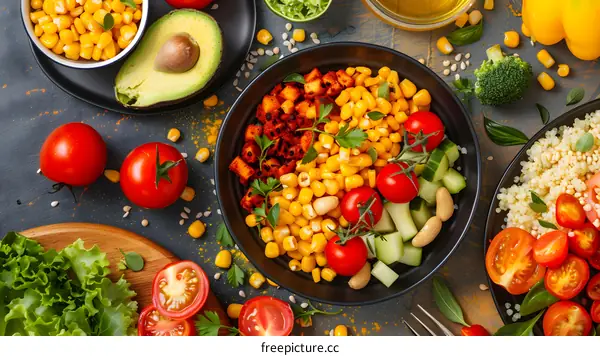 Healthy Vegetarian Bowl with Corn, Avocado, and Tomatoes