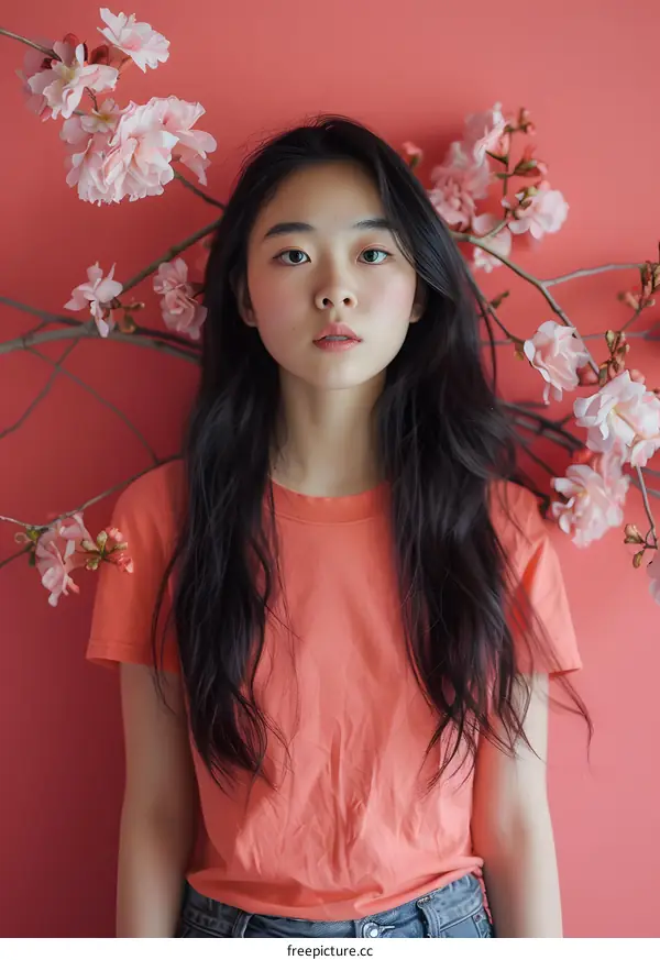 Young Woman with Pink Flowers and Red Background