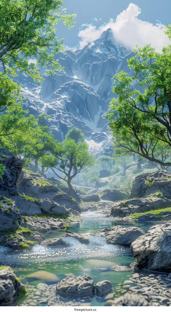 Mountain Stream, Valley and Snow Capped Mountains