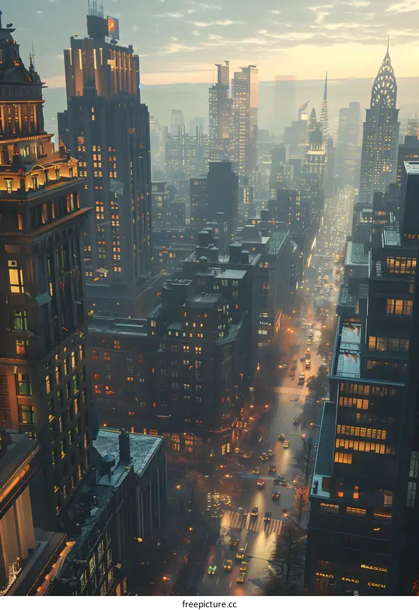 A digital painting of a busy urban street with cars and people crossing the road. There are tall buildings on either side of the street and the sky is cloudy.