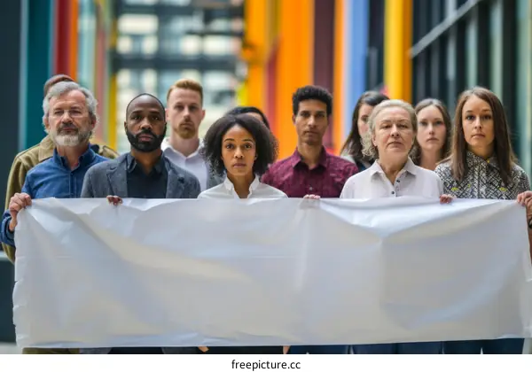 A group of people of different ethnicities holding a blank banner