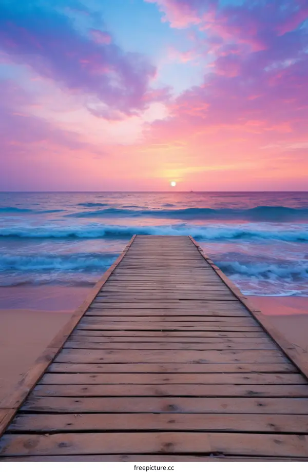 Wooden dock extending into the ocean at sunset