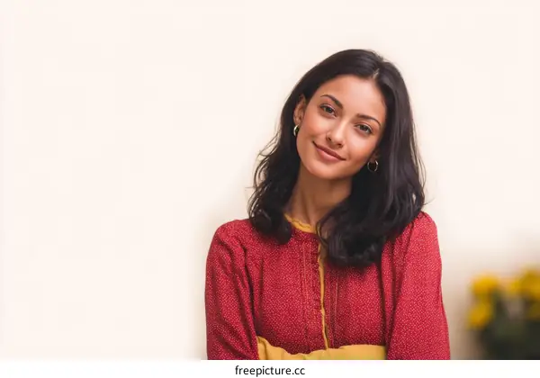 Portrait of Young Woman Wearing Red Traditional Top Against White Background