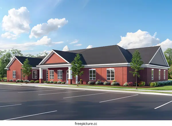 Modern Brick Building Exterior Design with Parking Lot