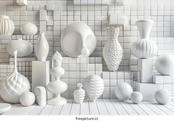 Abstract White Geometric Ceramic Display