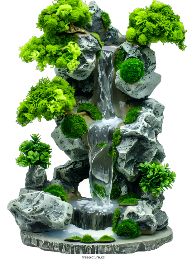 [Transparent Background PNG]Miniature Waterfall with Moss and Rocks