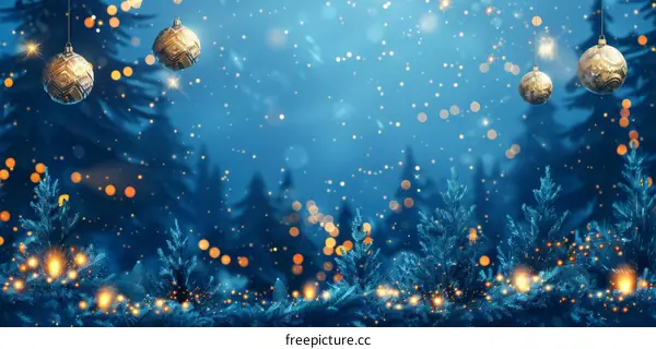 Christmas background with blue fir trees and golden balls