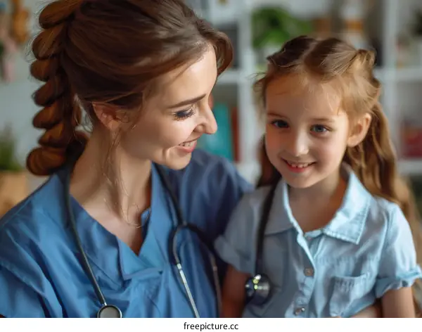 A female doctor is talking to a little girl in a hospital.