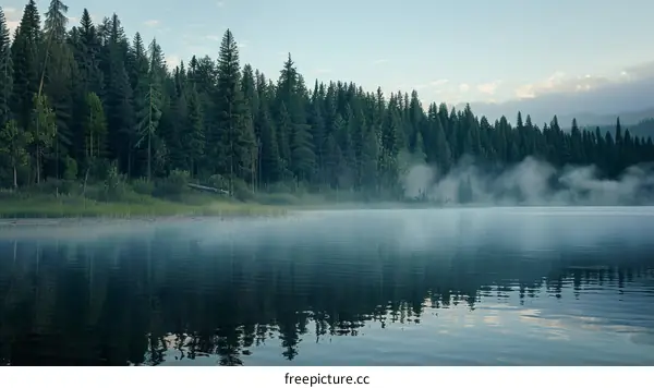 Serene Morning Fog Over Tranquil Lake with Forest Reflection
