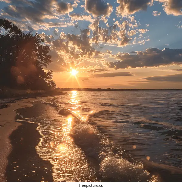 Sunset over a lake with a tree in the foreground