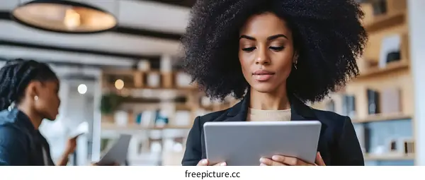 African American Woman Using Tablet in Office