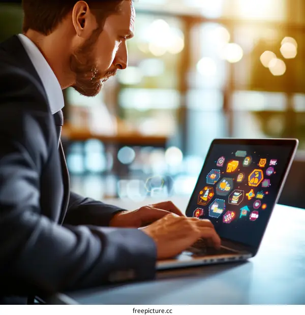 Businessman working on laptop with futuristic technology interface showing various app icons representing different online services and applications.