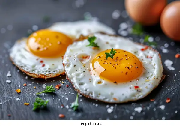Two Fried Eggs on a Black Stone Plate