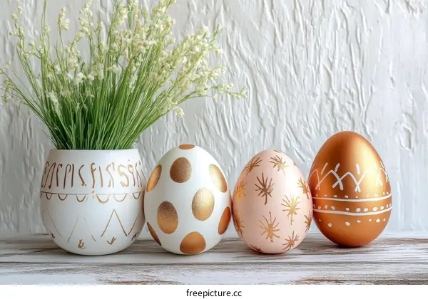 Decorated Easter Eggs and Potted Plant Arrangement