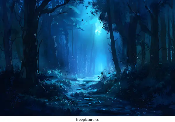Blue Forest Path with Moonlight