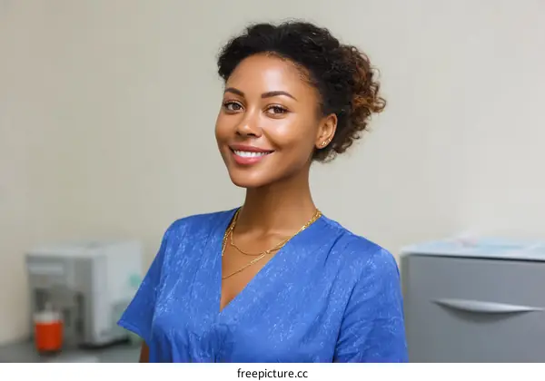 Smiling African American Woman Doctor in Medical Uniform