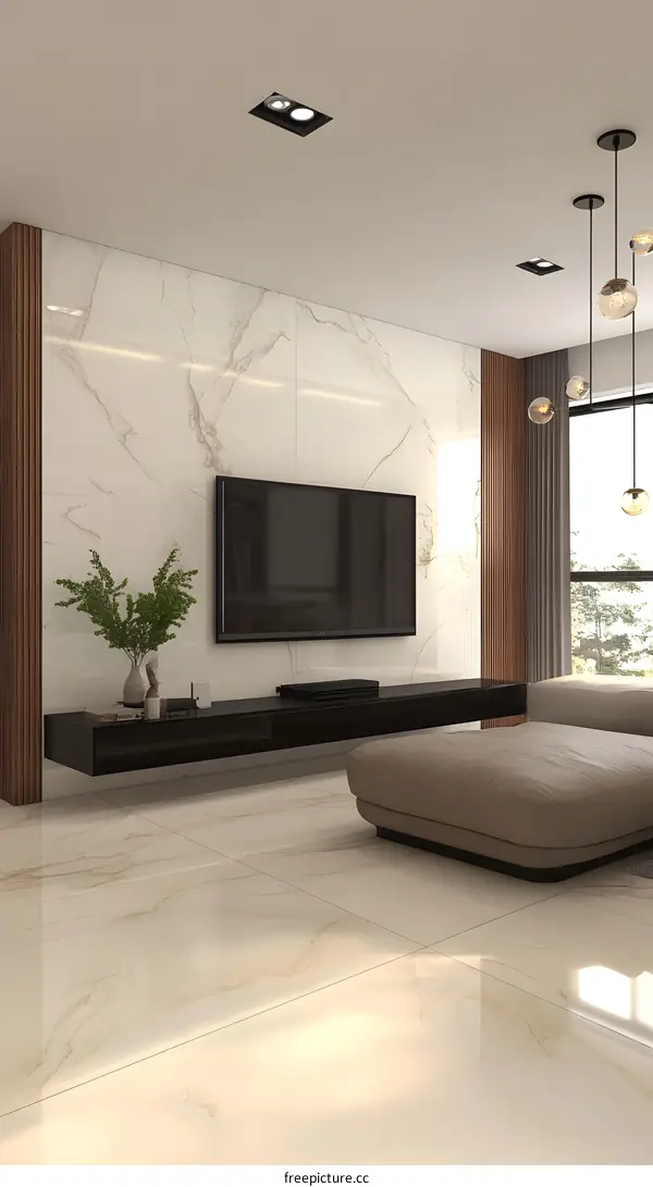 Modern Living Room Interior Design with Marble Walls and Wooden Accents
