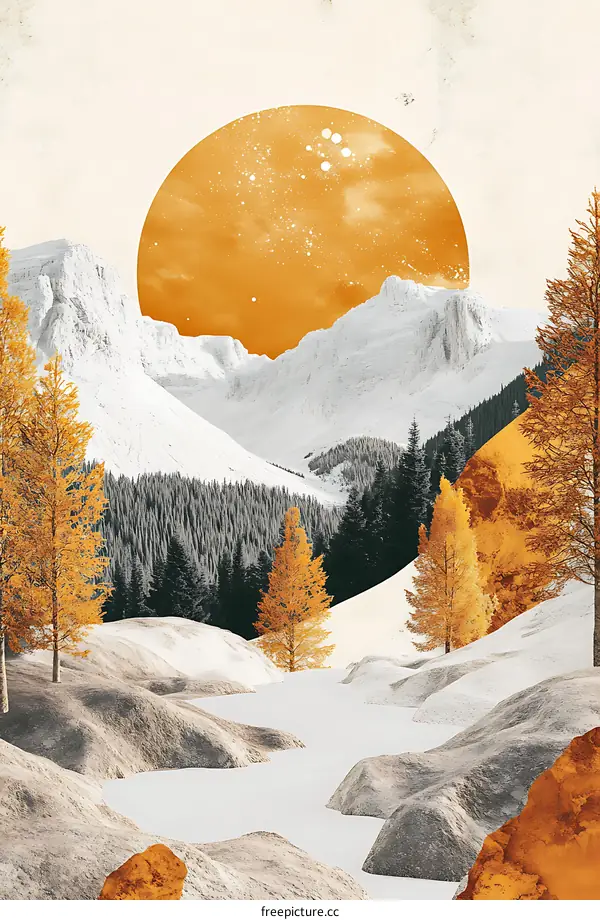 Abstract Mountain Landscape Illustration With Sun and Trees