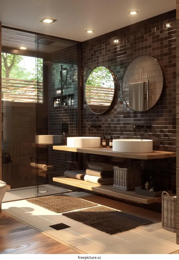 Modern Bathroom with Dark Tiles and Wood Accents