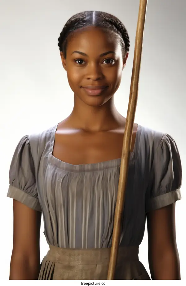 A young woman of African descent is smiling while holding a broom.